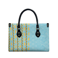 Hawaii Shell Tiare Anthurium Heliconia Lei Leather Bag With Tapa Pattern Baby Blue