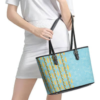Hawaii Shell Tiare Anthurium Heliconia Lei Leather Tote Bag With Tapa Pattern Baby Blue
