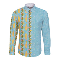 Hawaii Shell Tiare Anthurium Heliconia Lei Long Sleeve Button Shirt With Tapa Pattern Baby Blue LT05 Unisex Blue - Polynesian Pride