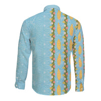 Hawaii Shell Tiare Anthurium Heliconia Lei Long Sleeve Button Shirt With Tapa Pattern Baby Blue