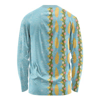 Hawaii Shell Tiare Anthurium Heliconia Lei Long Sleeve Shirt With Tapa Pattern Baby Blue