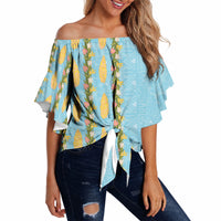 Hawaii Shell Tiare Anthurium Heliconia Lei Off Shoulder Wrap Waist Top With Tapa Pattern Baby Blue LT05 - Polynesian Pride