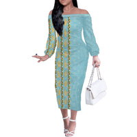 Hawaii Shell Tiare Anthurium Heliconia Lei Off The Shoulder Long Sleeve Dress With Tapa Pattern Baby Blue
