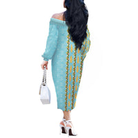 Hawaii Shell Tiare Anthurium Heliconia Lei Off The Shoulder Long Sleeve Dress With Tapa Pattern Baby Blue