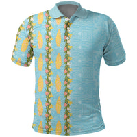 Hawaii Shell Tiare Anthurium Heliconia Lei Polo Shirt With Tapa Pattern Baby Blue LT05 Blue - Polynesian Pride