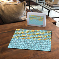 Hawaii Shell Tiare Anthurium Heliconia Lei Puzzle With Tapa Pattern Baby Blue