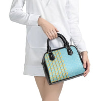 Hawaii Shell Tiare Anthurium Heliconia Lei Shoulder Handbag With Tapa Pattern Baby Blue