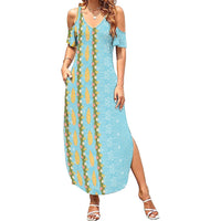 Hawaii Shell Tiare Anthurium Heliconia Lei Summer Maxi Dress With Tapa Pattern Baby Blue