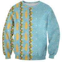 Hawaii Shell Tiare Anthurium Heliconia Lei Sweatshirt With Tapa Pattern Baby Blue