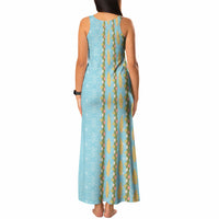 Hawaii Shell Tiare Anthurium Heliconia Lei Tank Maxi Dress With Tapa Pattern Baby Blue LT05 - Polynesian Pride