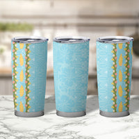 Hawaii Shell Tiare Anthurium Heliconia Lei Tumbler Cup With Tapa Pattern Baby Blue