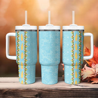 Hawaii Shell Tiare Anthurium Heliconia Lei Tumbler With Handle With Tapa Pattern Baby Blue