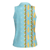 Hawaii Shell Tiare Anthurium Heliconia Lei Women Sleeveless Polo Shirt With Tapa Pattern Baby Blue