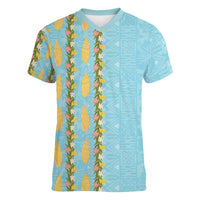 Hawaii Shell Tiare Anthurium Heliconia Lei Women V-Neck T-Shirt With Tapa Pattern Baby Blue