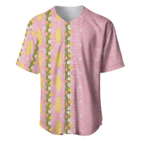 Hawaii Shell Tiare Anthurium Heliconia Lei Baseball Jersey With Tapa Pattern Baby Pink