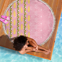 Hawaii Shell Tiare Anthurium Heliconia Lei Beach Blanket With Tapa Pattern Baby Pink