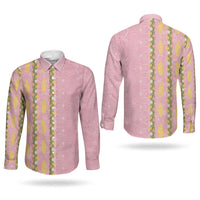 Hawaii Shell Tiare Anthurium Heliconia Lei Couples Matching Off Shoulder Maxi Dress and Long Sleeve Button Shirt With Tapa Pattern Baby Pink LT05 - Polynesian Pride