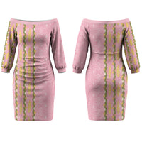 Hawaii Shell Tiare Anthurium Heliconia Lei Couples Matching Off The Shoulder Long Sleeve Dress and Hawaiian Shirt With Tapa Pattern Baby Pink LT05 - Polynesian Pride