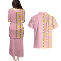 Hawaii Shell Tiare Anthurium Heliconia Lei Couples Matching Puletasi and Hawaiian Shirt With Tapa Pattern Baby Pink
