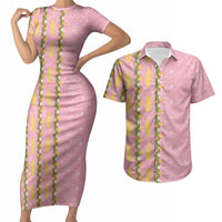 Hawaii Shell Tiare Anthurium Heliconia Lei Couples Matching Short Sleeve Bodycon Dress and Hawaiian Shirt With Tapa Pattern Baby Pink LT05 Pink - Polynesian Pride