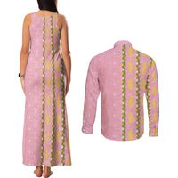 Hawaii Shell Tiare Anthurium Heliconia Lei Couples Matching Tank Maxi Dress and Long Sleeve Button Shirt With Tapa Pattern Baby Pink LT05 - Polynesian Pride