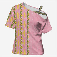 Hawaii Shell Tiare Anthurium Heliconia Lei Cross Shoulder Shirt With Tapa Pattern Baby Pink