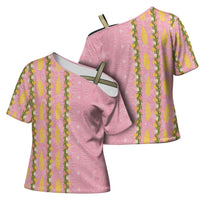 Hawaii Shell Tiare Anthurium Heliconia Lei Cross Shoulder Shirt With Tapa Pattern Baby Pink