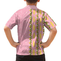 Hawaii Shell Tiare Anthurium Heliconia Lei Family Matching Long Sleeve Bodycon Dress and Hawaiian Shirt With Tapa Pattern Baby Pink