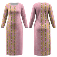 Hawaii Shell Tiare Anthurium Heliconia Lei Family Matching Long Sleeve Bodycon Dress and Hawaiian Shirt With Tapa Pattern Baby Pink LT05 Mom's Dress Pink - Polynesian Pride