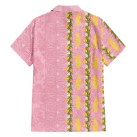 Hawaii Shell Tiare Anthurium Heliconia Lei Family Matching Long Sleeve Bodycon Dress and Hawaiian Shirt With Tapa Pattern Baby Pink