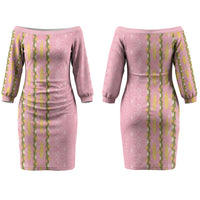 Hawaii Shell Tiare Anthurium Heliconia Lei Family Matching Off The Shoulder Long Sleeve Dress and Hawaiian Shirt With Tapa Pattern Baby Pink LT05 Mom's Dress Pink - Polynesian Pride