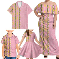 Hawaii Shell Tiare Anthurium Heliconia Lei Family Matching Off Shoulder Maxi Dress and Hawaiian Shirt With Tapa Pattern Baby Pink LT05 - Polynesian Pride