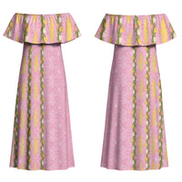 Hawaii Shell Tiare Anthurium Heliconia Lei Family Matching Off Shoulder Maxi Dress and Hawaiian Shirt With Tapa Pattern Baby Pink LT05 Mom's Dress Pink - Polynesian Pride