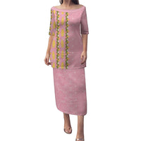 Hawaii Shell Tiare Anthurium Heliconia Lei Family Matching Puletasi and Hawaiian Shirt With Tapa Pattern Baby Pink