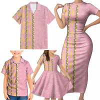 Hawaii Shell Tiare Anthurium Heliconia Lei Family Matching Short Sleeve Bodycon Dress and Hawaiian Shirt With Tapa Pattern Baby Pink LT05 - Polynesian Pride