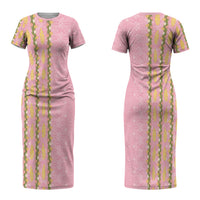 Hawaii Shell Tiare Anthurium Heliconia Lei Family Matching Short Sleeve Bodycon Dress and Hawaiian Shirt With Tapa Pattern Baby Pink LT05 Mom's Dress Pink - Polynesian Pride