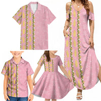 Hawaii Shell Tiare Anthurium Heliconia Lei Family Matching Summer Maxi Dress and Hawaiian Shirt With Tapa Pattern Baby Pink LT05 - Polynesian Pride