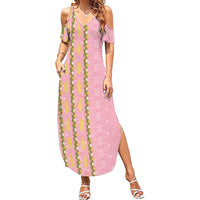Hawaii Shell Tiare Anthurium Heliconia Lei Family Matching Summer Maxi Dress and Hawaiian Shirt With Tapa Pattern Baby Pink