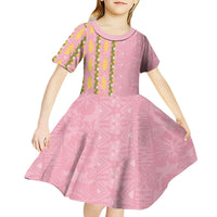 Hawaii Shell Tiare Anthurium Heliconia Lei Kid Short Sleeve Dress With Tapa Pattern Baby Pink