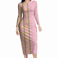 Hawaii Shell Tiare Anthurium Heliconia Lei Long Sleeve Bodycon Dress With Tapa Pattern Baby Pink LT05 Long Dress Pink - Polynesian Pride