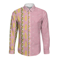 Hawaii Shell Tiare Anthurium Heliconia Lei Long Sleeve Button Shirt With Tapa Pattern Baby Pink LT05 Unisex Pink - Polynesian Pride