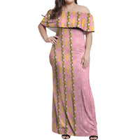 Hawaii Shell Tiare Anthurium Heliconia Lei Off Shoulder Maxi Dress With Tapa Pattern Baby Pink