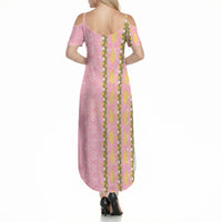 Hawaii Shell Tiare Anthurium Heliconia Lei Summer Maxi Dress With Tapa Pattern Baby Pink LT05 - Polynesian Pride