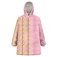 Hawaii Shell Tiare Anthurium Heliconia Lei Wearable Blanket Hoodie With Tapa Pattern Baby Pink