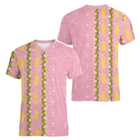Hawaii Shell Tiare Anthurium Heliconia Lei Women V-Neck T-Shirt With Tapa Pattern Baby Pink