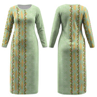 Hawaii Shell Tiare Anthurium Heliconia Lei Couples Matching Long Sleeve Bodycon Dress and Long Sleeve Button Shirt With Tapa Pattern Baby Green LT05 - Polynesian Pride
