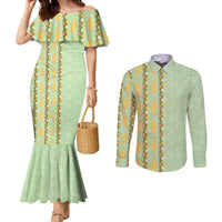 Hawaii Shell Tiare Anthurium Heliconia Lei Couples Matching Mermaid Dress and Long Sleeve Button Shirt With Tapa Pattern Baby Green