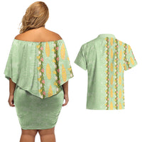 Hawaii Shell Tiare Anthurium Heliconia Lei Couples Matching Off Shoulder Short Dress and Hawaiian Shirt With Tapa Pattern Baby Green