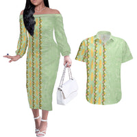 Hawaii Shell Tiare Anthurium Heliconia Lei Couples Matching Off The Shoulder Long Sleeve Dress and Hawaiian Shirt With Tapa Pattern Baby Green
