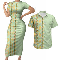 Hawaii Shell Tiare Anthurium Heliconia Lei Couples Matching Short Sleeve Bodycon Dress and Hawaiian Shirt With Tapa Pattern Baby Green LT05 Green - Polynesian Pride
